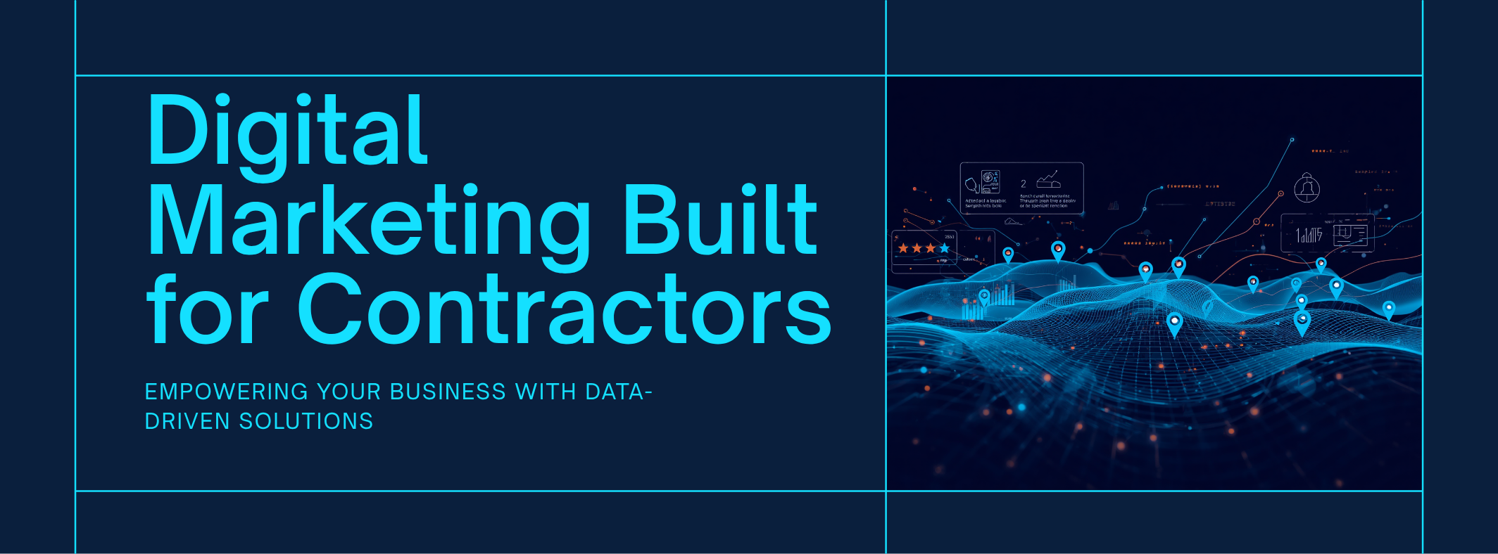Digital marketing analytics dashboard showing SEO rankings, local search visibility, and lead generation metrics for a contractor